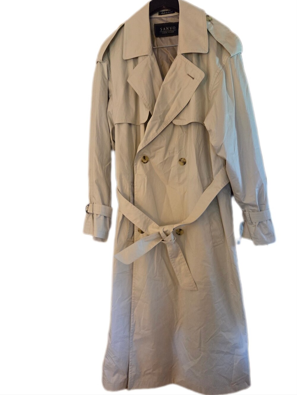 VINTAGE Sanyo Carol Cohen Trenchcoat Light Tan Double Breasted Caped Size 40R